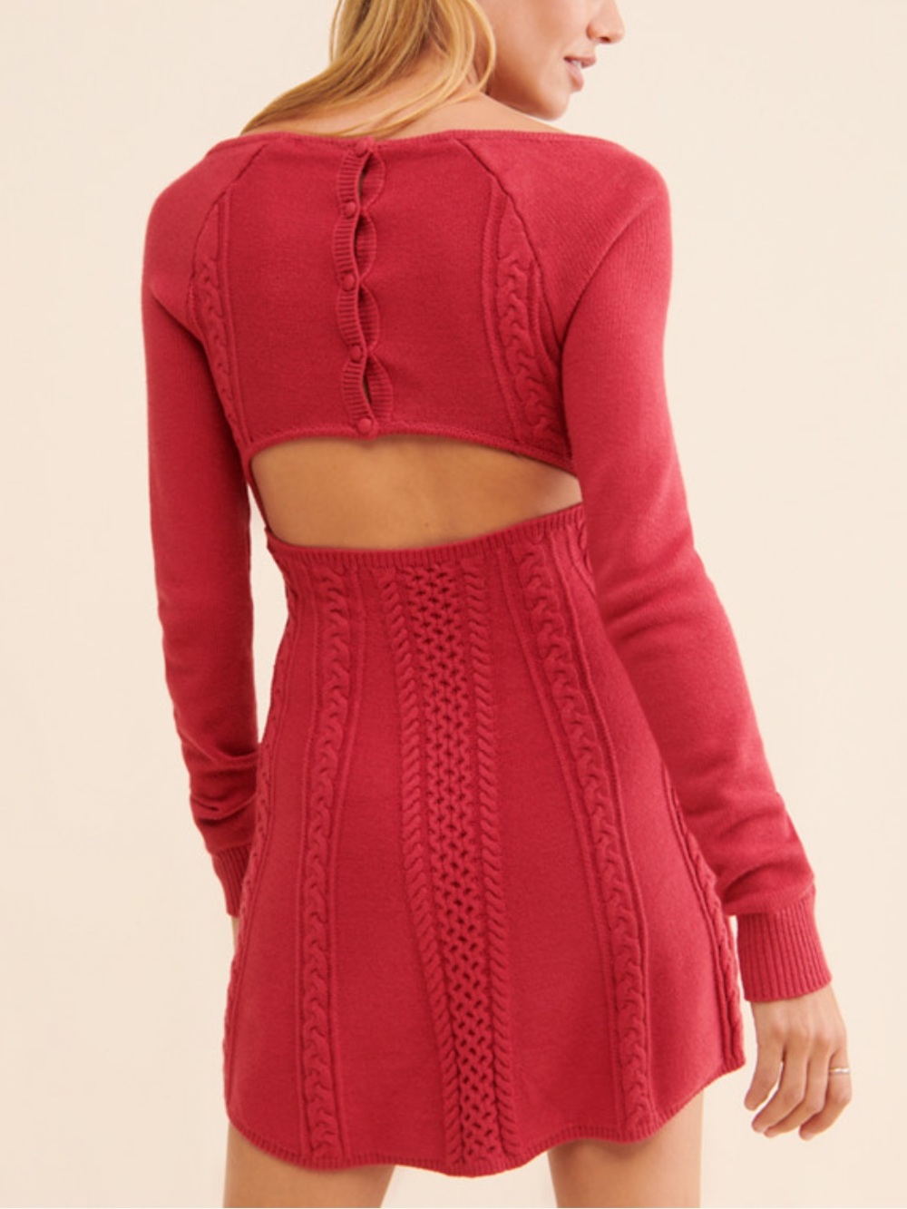 Free People Small World Sweater Mini Dress Raspberry Cable Knit Cutout Back M*66